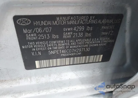 2007 Hyundai Sonata Gls from USA, damaged, VIN 5NPET46C07H297130